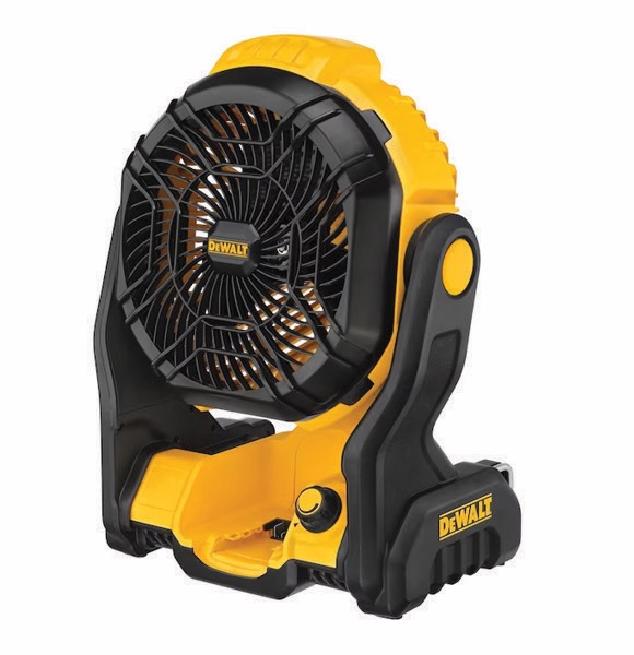 DEWALT 8-inch 20-volt yellow and black jobsite fan on its folding kickstand